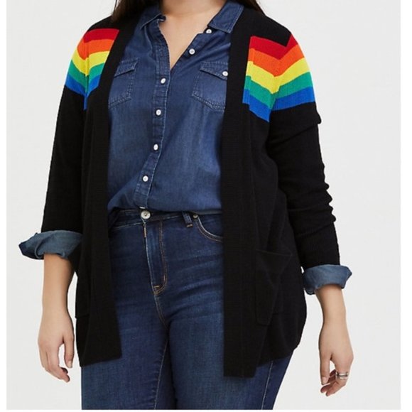 Torrid Sweaters - Torrid Celebrate Love black rainbow stripe rib open front cardigan 1 1X